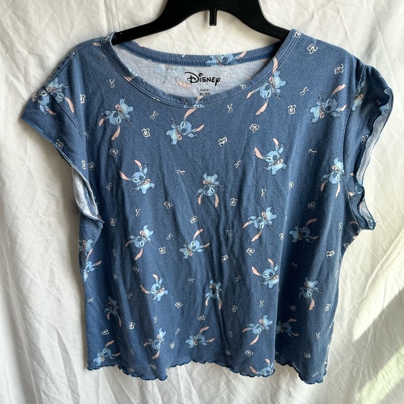 Disney Other - Disney Stitch Blue Short Sleeve Cropped Pajama Shirt w/ Musical Stitch Size XL